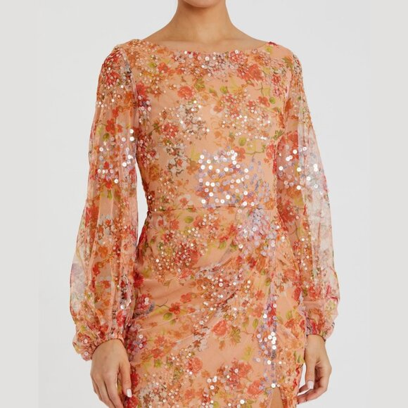 Mac Duggal 93547 Size 22 Long Sleeve V-Neck Orange Floral Sequin Maxi Gown Dress - Picture 2 of 3